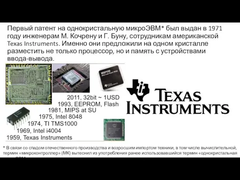 Первый патент на однокристальную микроЭВМ* был выдан в 1971 году инженерам М.