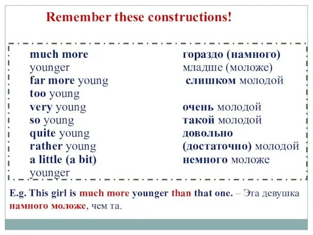 Remember these constructions! much more younger far more young too young very