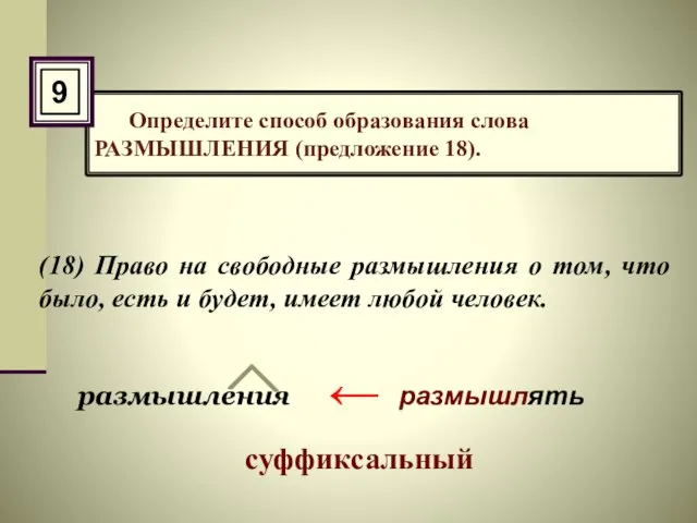 Определите способ образования слова РАЗМЫШЛЕНИЯ (предложение 18). (18) Право на свободные размышления