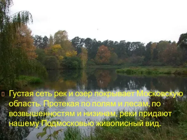 Густая сеть рек и озер покрывает Московскую область. Протекая по полям и