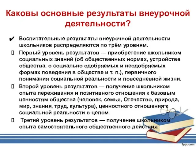 Каковы основные результаты внеурочной деятельности? Воспитательные результаты внеурочной деятельности школьников распределяются по