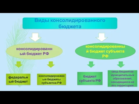 Виды консолидированного бюджета консолидированный бюджет РФ консолидированный бюджет субъекта РФ федеральный бюджет