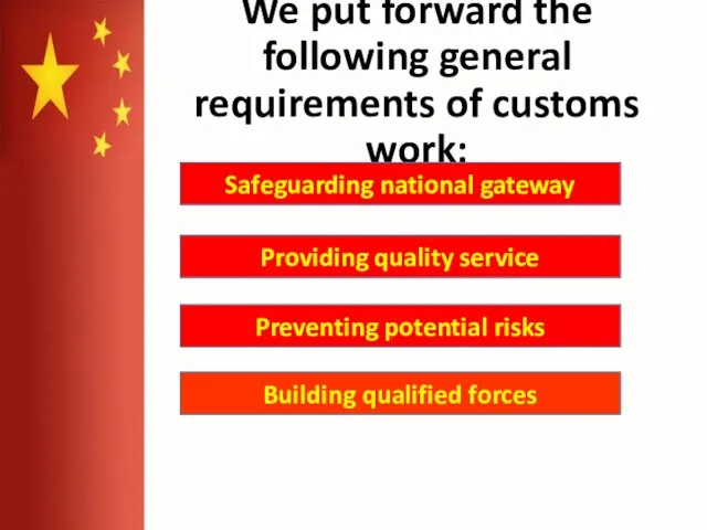 We put forward the following general requirements of customs work: Safeguarding national
