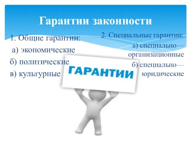 Гарантии законности 1. Общие гарантии: а) экономические б) политические в) культурные 2.