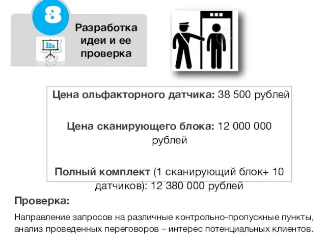 Разработка идеи и ее проверка Цена ольфакторного датчика: 38 500 рублей Цена