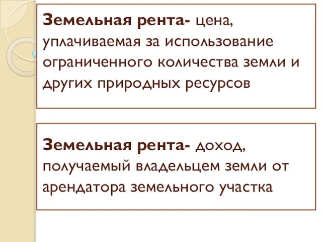 Земельная рента- цена, уплачиваемая за использование ограниченного количества земли и других природных