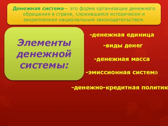 Денежная система— это форма организации денежного обращения в стране, сложившаяся исторически и