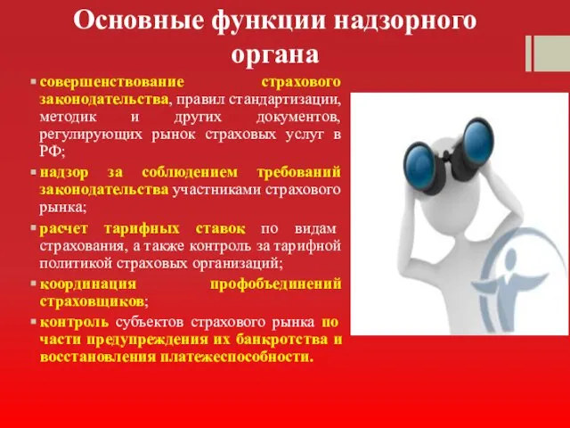 Основные функции надзорного органа совершенствование страхового законодательства, правил стандартизации, методик и других