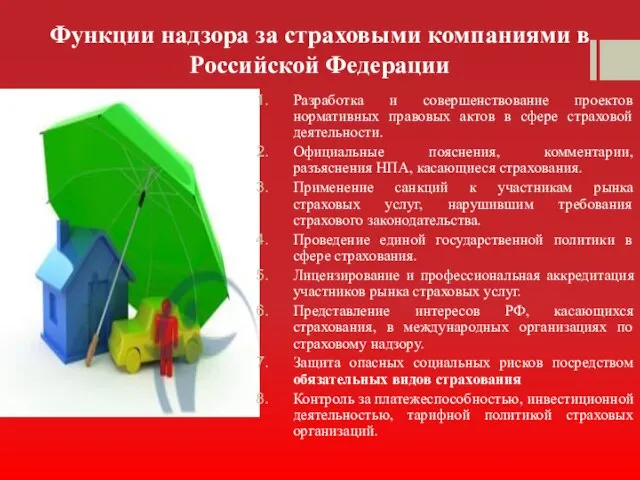 Функции надзора за страховыми компаниями в Российской Федерации Разработка и совершенствование проектов