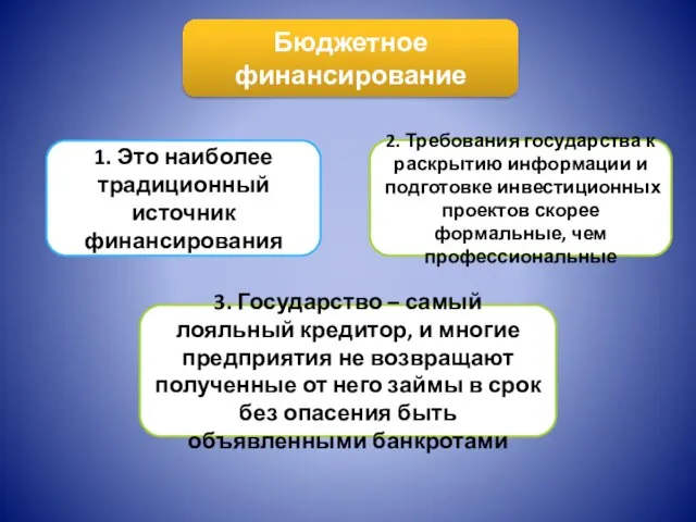 Бюджетное финансирование 1. Это наиболее традиционный источник финансирования 2. Требования государства к