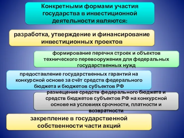 Конкретными формами участия государства в инвестиционной деятельности являются: разработка, утверждение и финансирование