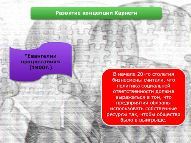 Развитие концепции Карнеги В начале 20-го столетия бизнесмены считали, что политика социальной