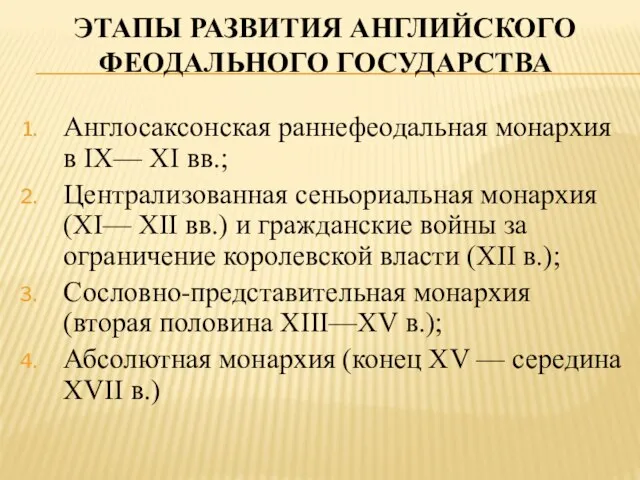 этапы развития английского феодального государства Англосаксонская раннефеодальная монархия в IX— XI вв.;