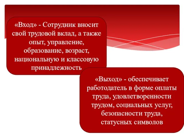 «Вход» - Сотрудник вносит свой трудовой вклад, а также опыт, управление, образование,