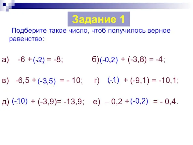 Подберите такое число, чтоб получилось верное равенство: а) -6 + … =