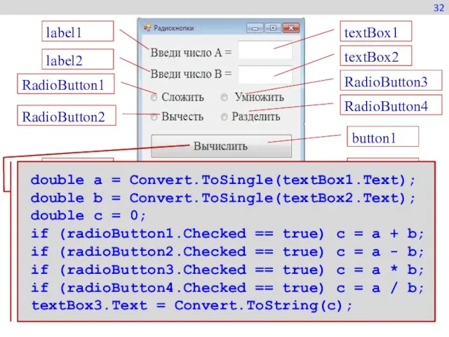 32 textBox2 textBox1 textBox3 button2 button1 label1 label2 RadioButton1 RadioButton2 RadioButton3 RadioButton4