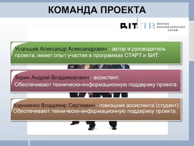 КОМАНДА ПРОЕКТА Зорин Андрей Владимирович - ассистент. Обеспечивают технически-информационную поддержку проекта. Усольцев