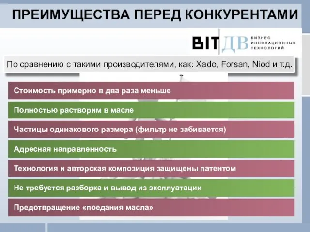 По сравнению с такими производителями, как: Xado, Forsan, Niod и т.д. ПРЕИМУЩЕСТВА