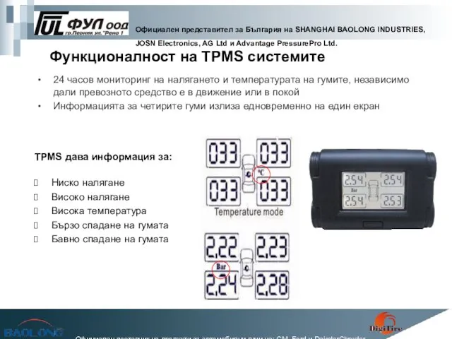 Функционалност на TPMS системите 24 часов мониторинг на налягането и температурата на