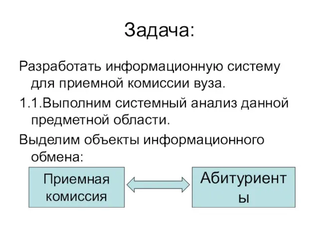 Задача: Разработать информационную систему для приемной комиссии вуза. 1.1.Выполним системный анализ данной