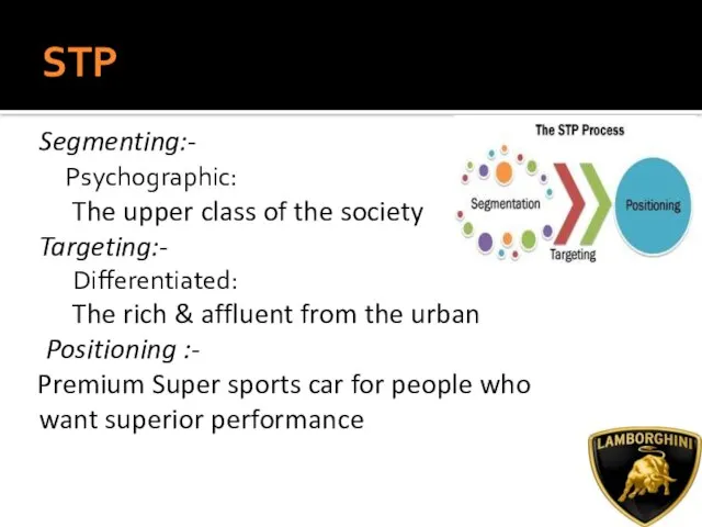 STP Segmenting:- Psychographic: The upper class of the society Targeting:- Differentiated: The