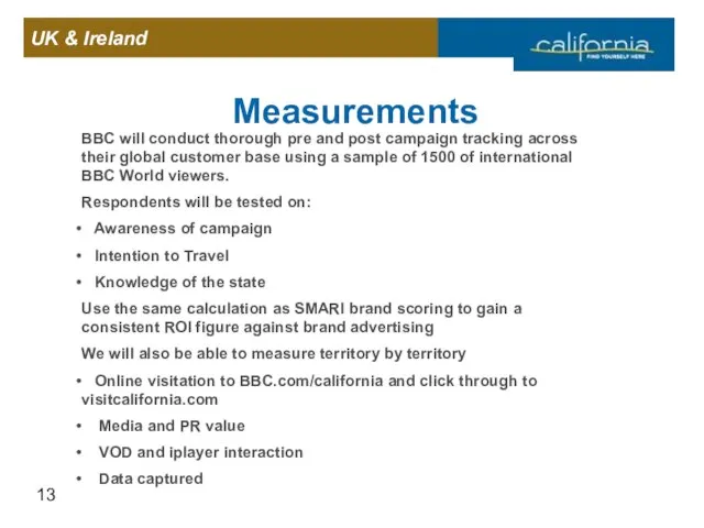 Measurements BBC will conduct thorough pre and post campaign tracking across their