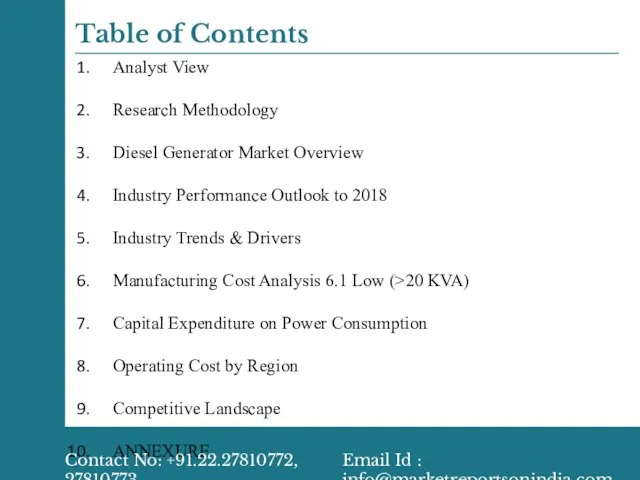 Table of Contents Analyst View Research Methodology Diesel Generator Market Overview Industry
