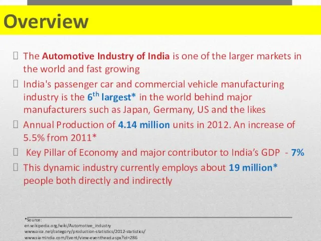 Overview The Automotive Industry of India is one of the larger markets