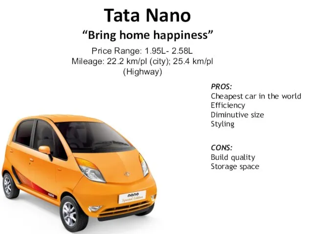 Tata Nano “Bring home happiness” Price Range: 1.95L- 2.58L Mileage: 22.2 km/pl