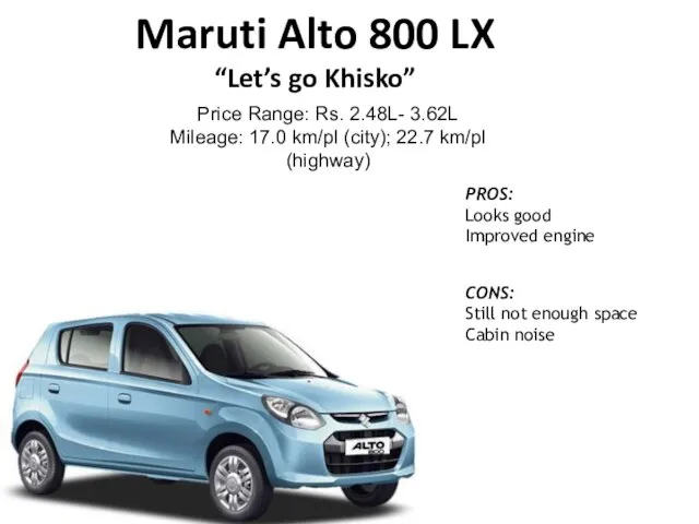 Maruti Alto 800 LX “Let’s go Khisko” Price Range: Rs. 2.48L- 3.62L