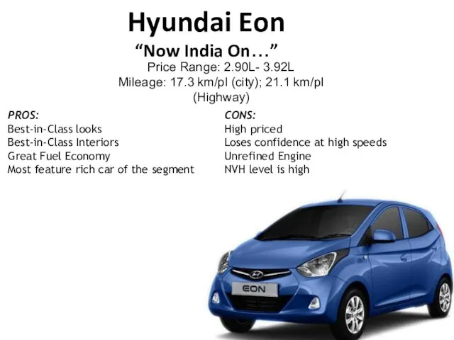 Hyundai Eon “Now India On…” Price Range: 2.90L- 3.92L Mileage: 17.3 km/pl