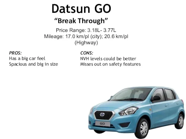 Datsun GO “Break Through” Price Range: 3.18L- 3.77L Mileage: 17.0 km/pl (city);