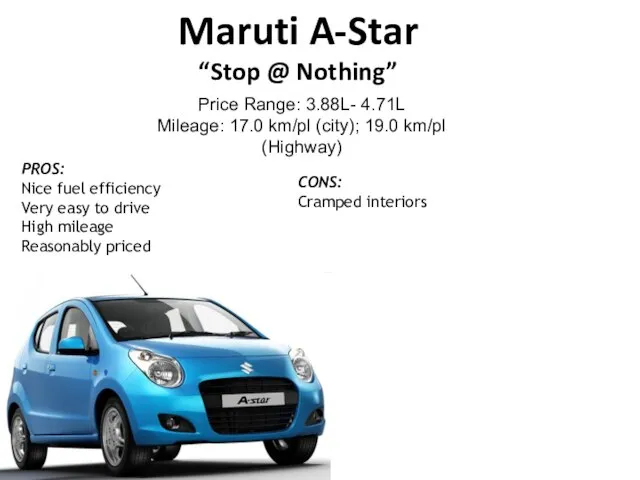Maruti A-Star “Stop @ Nothing” Price Range: 3.88L- 4.71L Mileage: 17.0 km/pl