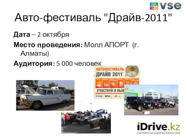 Авто-фестиваль "Драйв-2011" Дата – 2 октября Место проведения: Молл АПОРТ (г. Алматы) Аудитория: 5 000 человек