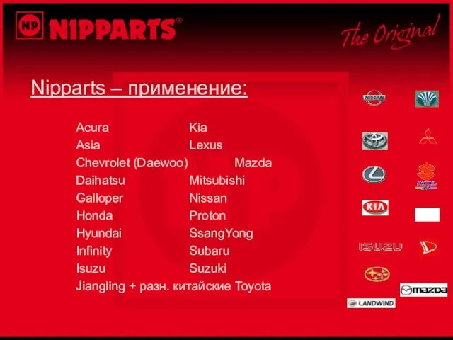 Nipparts – применение: Acura Kia Asia Lexus Chevrolet (Daewoo) Mazda Daihatsu Mitsubishi