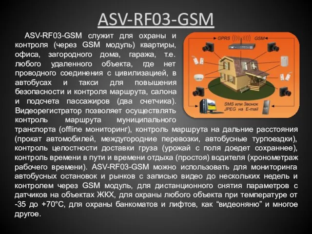 ASV-RF03-GSM ASV-RF03-GSM служит для охраны и контроля (через GSM модуль) квартиры, офиса,