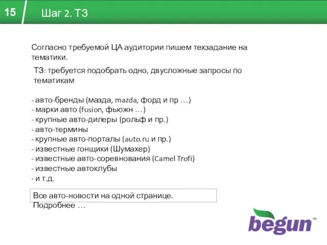 Шаг 2. ТЗ Согласно требуемой ЦА аудитории пишем техзадание на тематики. ТЗ: