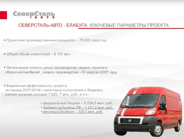 СЕВЕРСТАЛЬ-АВТО - ЕЛАБУГА: КЛЮЧЕВЫЕ ПАРАМЕТРЫ ПРОЕКТА Проектные производственные мощности – 75 000