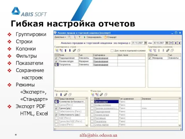 Гибкая настройка отчетов Группировки Строки Колонки Фильтры Показатели Сохранение настроек Режимы «Эксперт»,