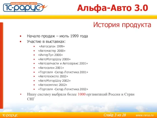 Альфа-Авто 3.0 Начало продаж – июль 1999 года Участие в выставках: «Автосалон