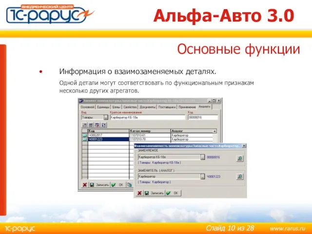 Альфа-Авто 3.0 Информация о взаимозаменяемых деталях. Одной детали могут соответствовать по функциональным