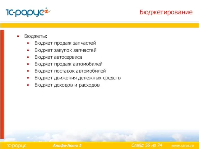 Бюджетирование Бюджеты: Бюджет продаж запчастей Бюджет закупок запчастей Бюджет автосервиса Бюджет продаж