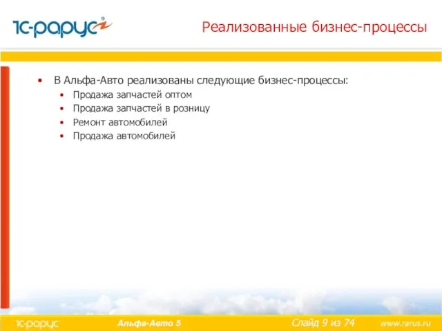 Реализованные бизнес-процессы В Альфа-Авто реализованы следующие бизнес-процессы: Продажа запчастей оптом Продажа запчастей