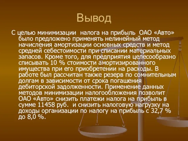 Вывод С целью минимизации налога на прибыль ОАО «Авто» было предложено применять