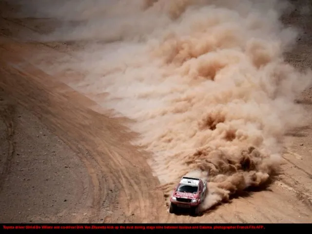 Toyota driver Giniel De Villiers and co-driver Dirk Von Zitzewitz kick up