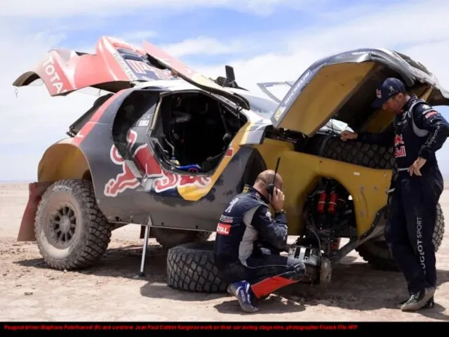 Peugeot driver Stephane Peterhansel (R) and co-driver Jean Paul Cottret Karginov work