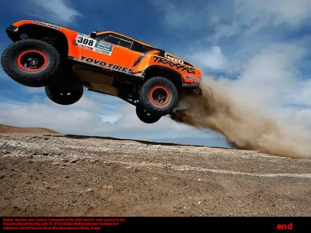 Robby Gordon and Johnny Campbell of the USA launch over a jump