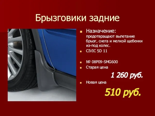 Брызговики задние Назначение: предотвращают вылетание брызг, снега и мелкой щебенки из-под колес.