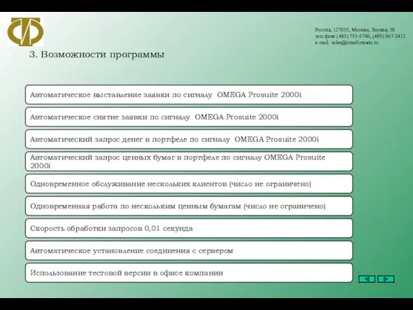 Россия, 127055, Москва, Лесная, 30 тел./факс (495) 755-8748, (499) 967-3412 e-mail: sales@interfintrade.ru