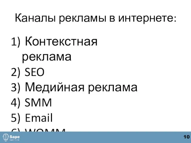 Каналы рекламы в интернете: Контекстная реклама SEO Медийная реклама SMM Email WOMM 10